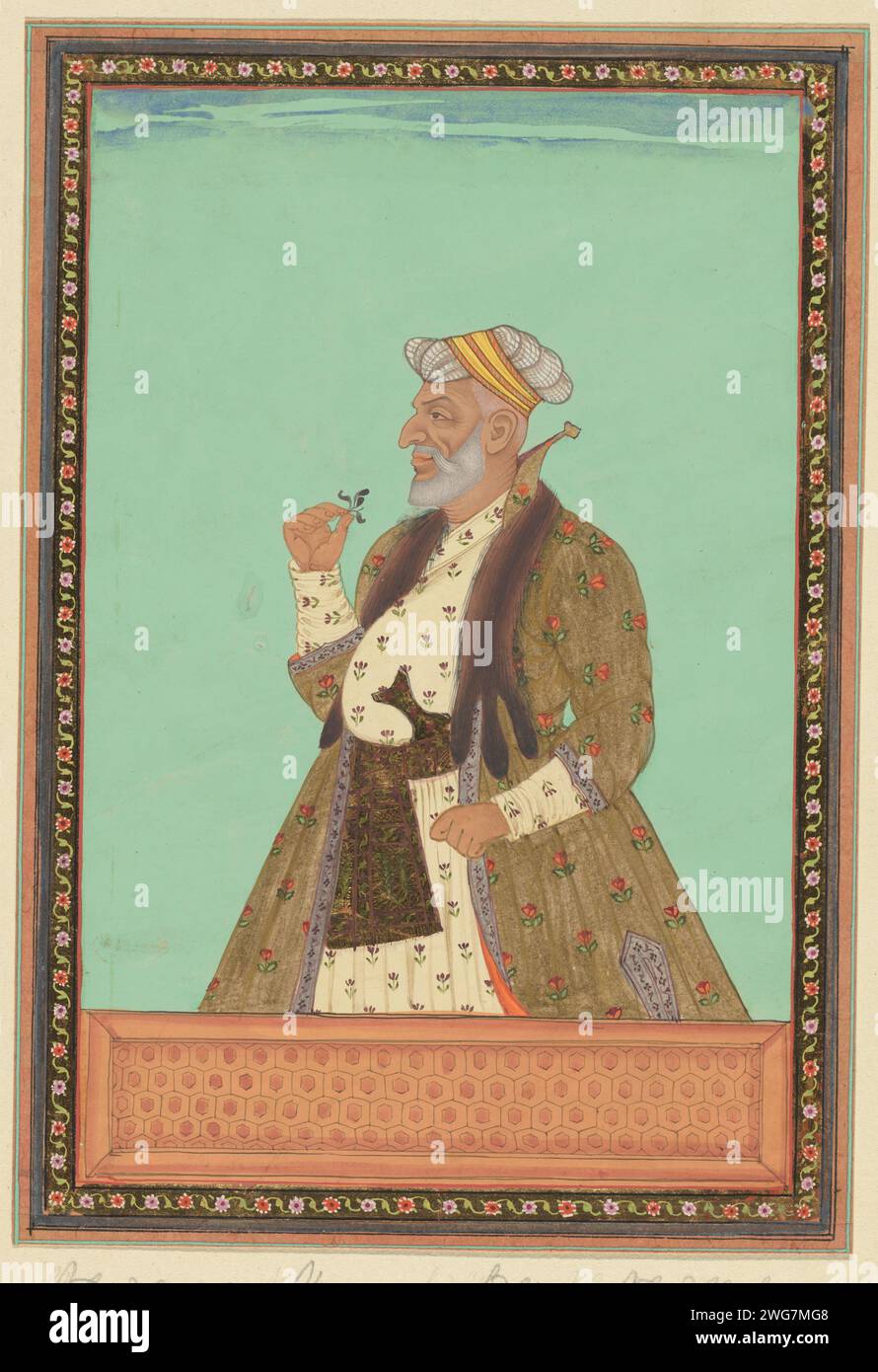 Portrait of ABD al-Jabbar, who has been a sight of Sultan Abdullah, c. 1686 drawing. Indian miniature Abd al-Jabbar is depicted up to his hips, used to the left, with a flower and a dagger in his belt in his right hand. Leaf 34 in the `Witsen-Album ', with 49 Indian miniatures of princes. Above the portrait a piece of paper with the name in Persian. Under the portrait a piece of paper with the name in the Portuguese. Golkonda paper. deck paint. gold leaf. gouache (paint) brush ruler, sovereign. historical person (...) - historical person (...) portrayed alone Stock Photo
